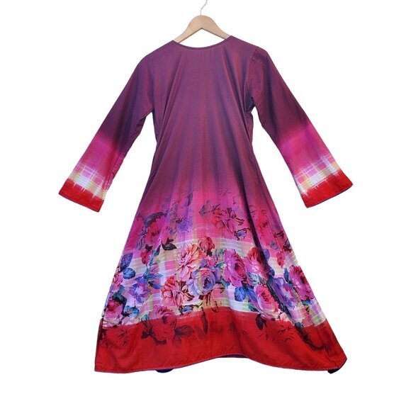 Long Sleeve Dress Floral Red Blue Embroidered Patchwork Kameez Size S NWOT - Picture 3 of 16